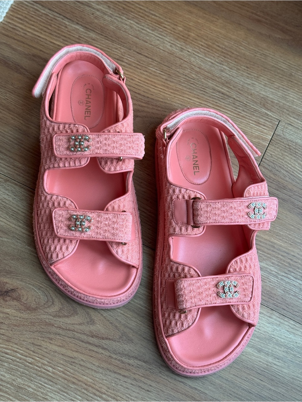 Chanel Women's Pink Velcro Dad Sandals Knit Fabric